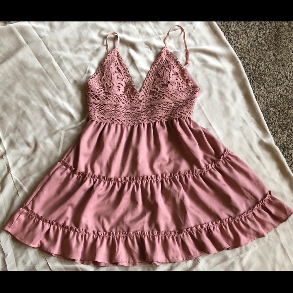 Pink Lace Panel Tiered Dress